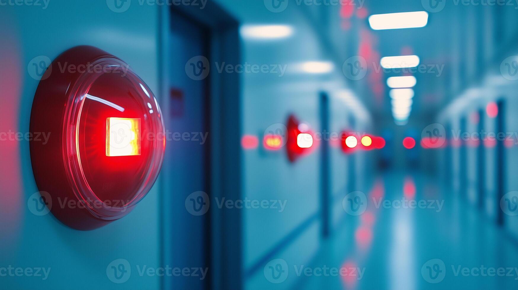 a hallway with red lights on the wall photo