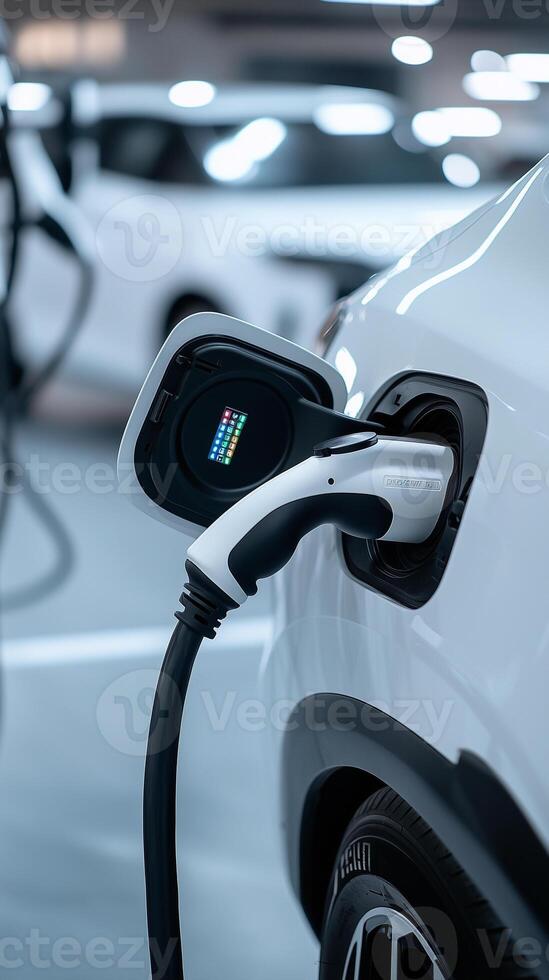 detail of electric car is plugged into an electric charger photo