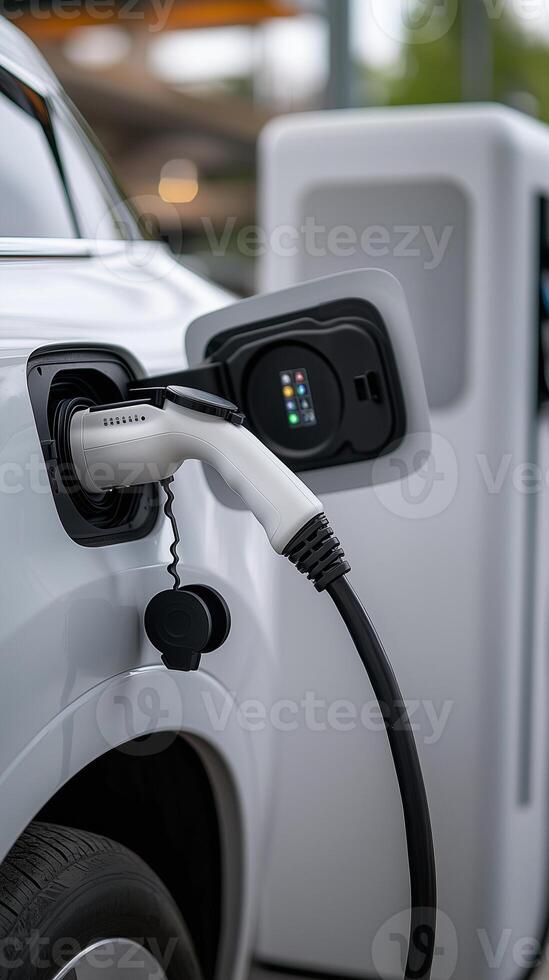 an electric vehicle is plugged into an electric charger outdoors photo