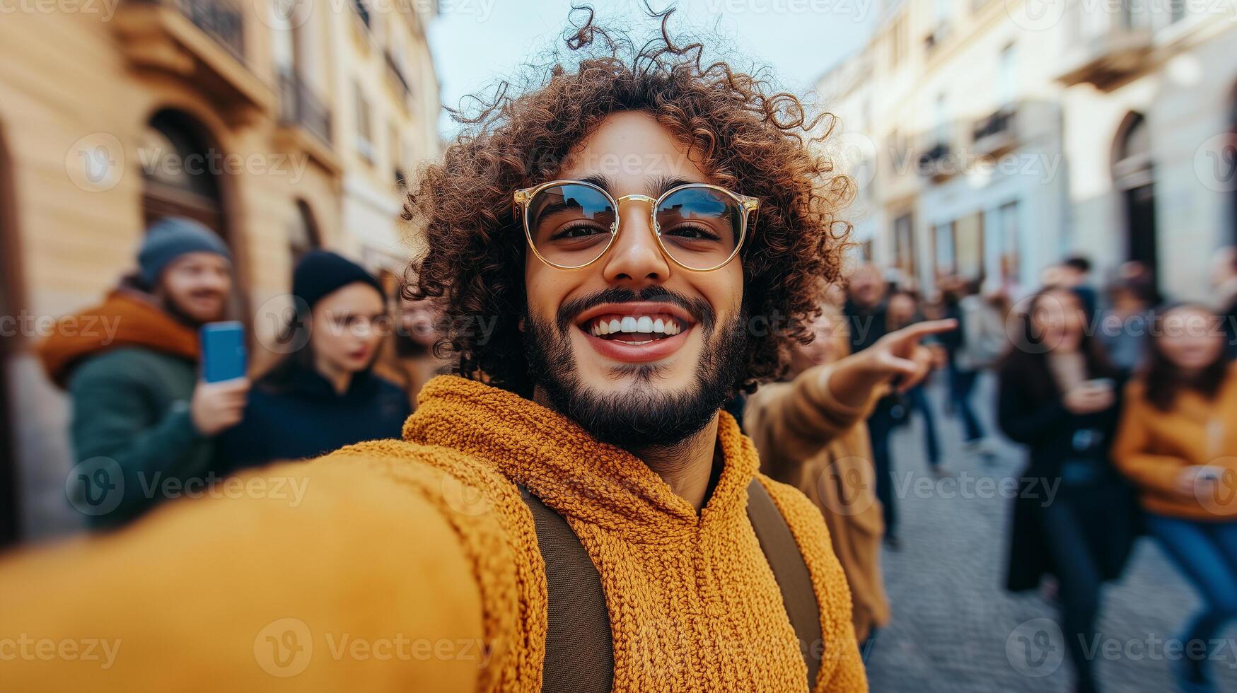 diverse group of friends holding a mobile and pointing in different directions while exploring a historic neighborhood photo