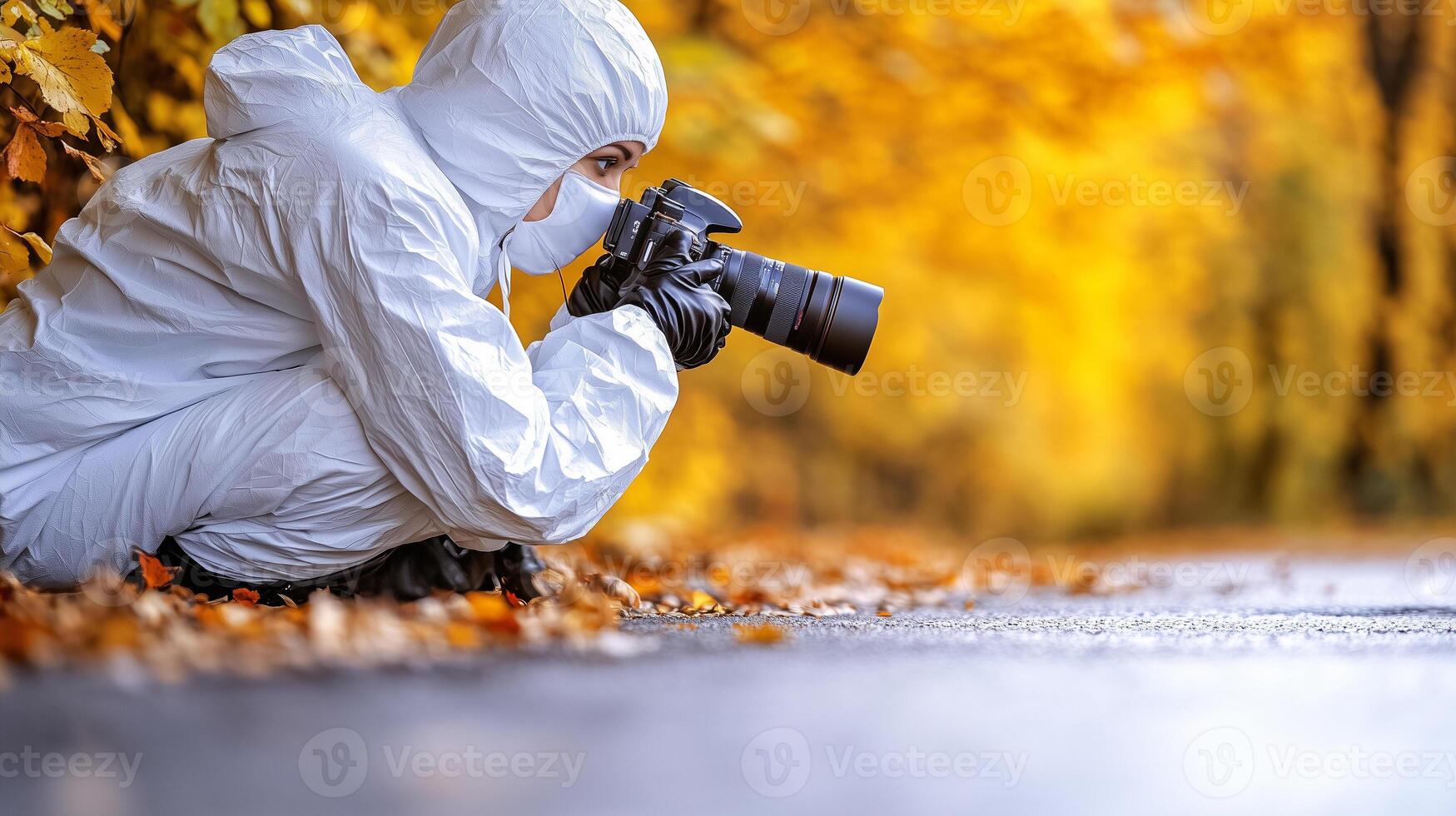 a man in a white suit taking a photo with a camera