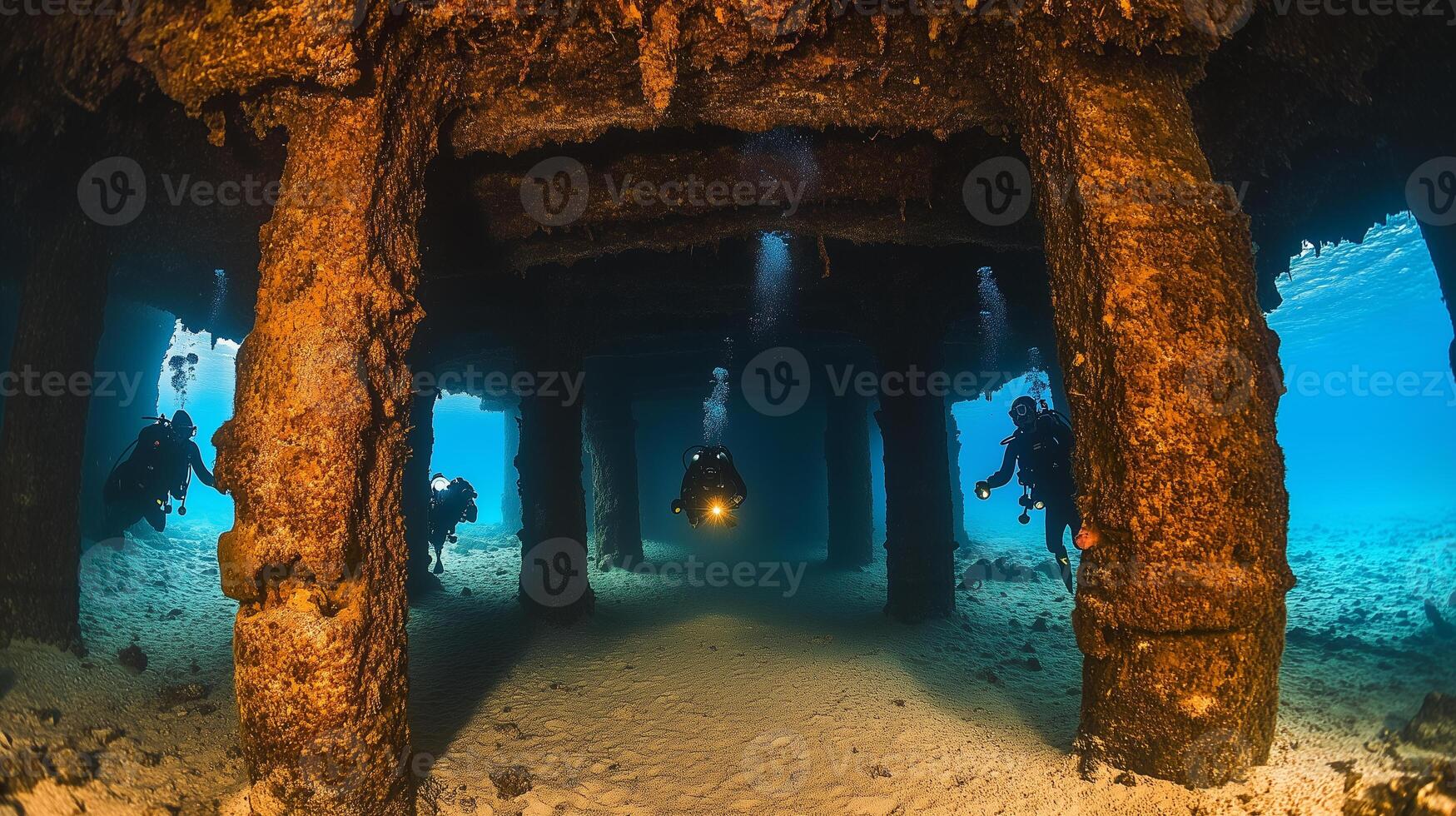divers exploring the underwater ruins of an ancient port photo