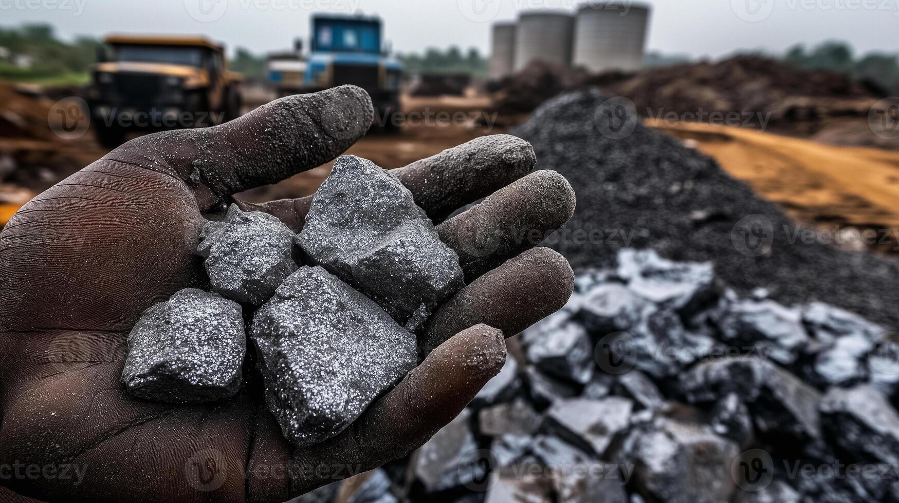 hand holding chromite rocks in extraction quarry photo