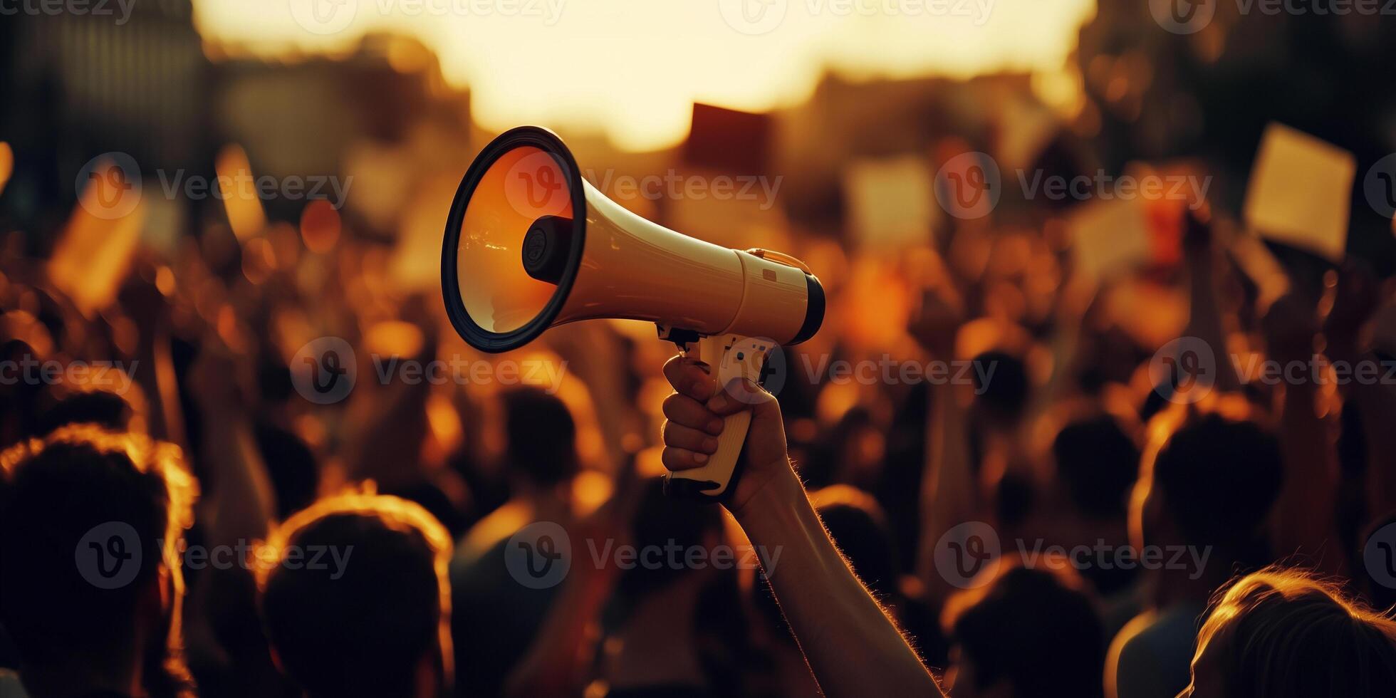 a person holding a megaphone in front of a crowd photo