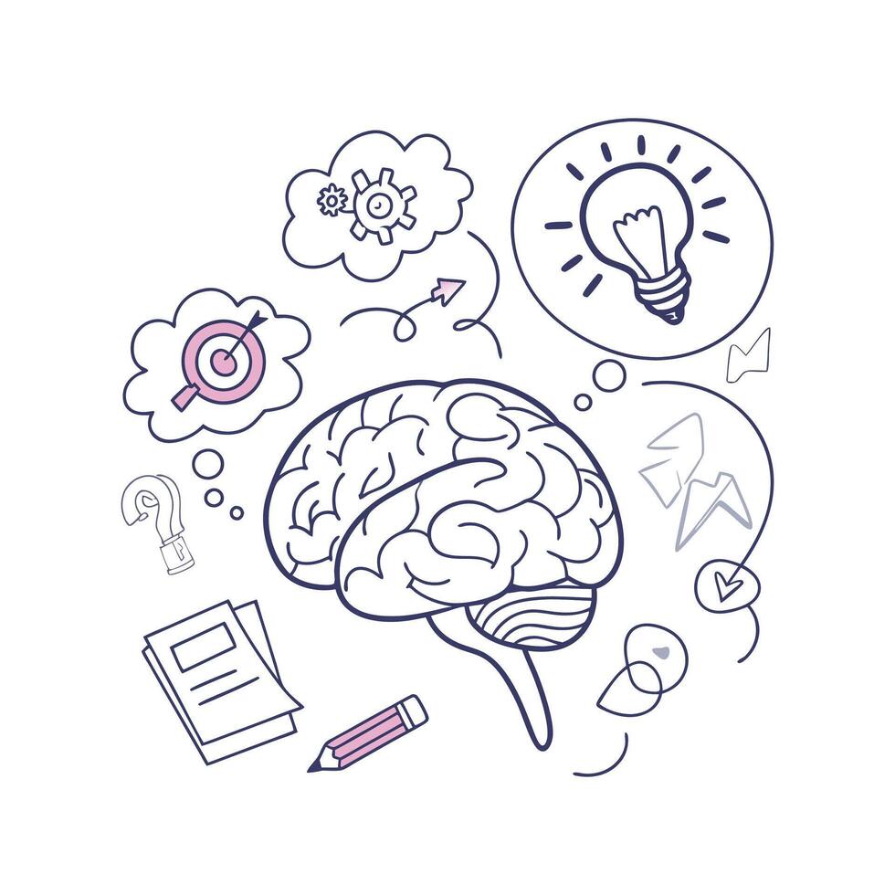 Brain with ideas and icons, including a light bulb and a pencil vector