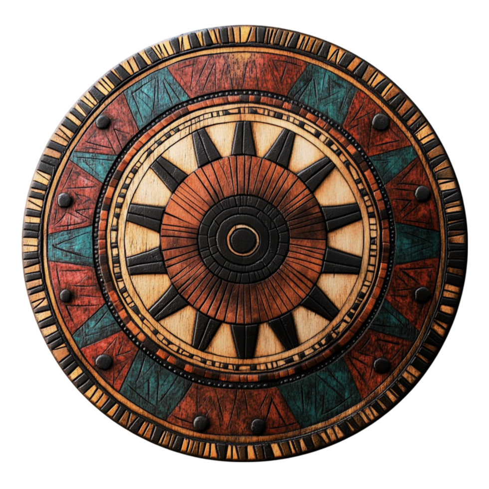 a wooden shield with a colorful design png