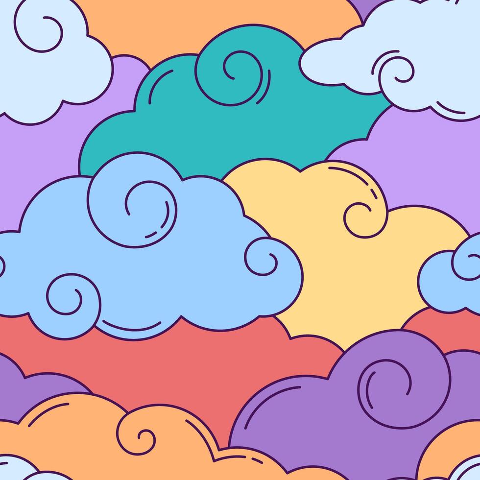 Clouds, colourful sky seamless pattern, background. Fantasy illustration in a comic, cartoon style. vector
