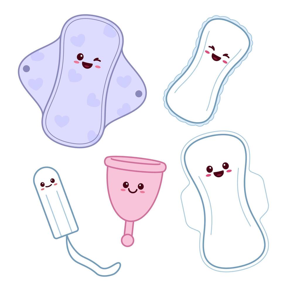 Menstruation items, supplies, woman hygeine kawaii illustrations. Cute simple pads, tampon and cup drawings. vector