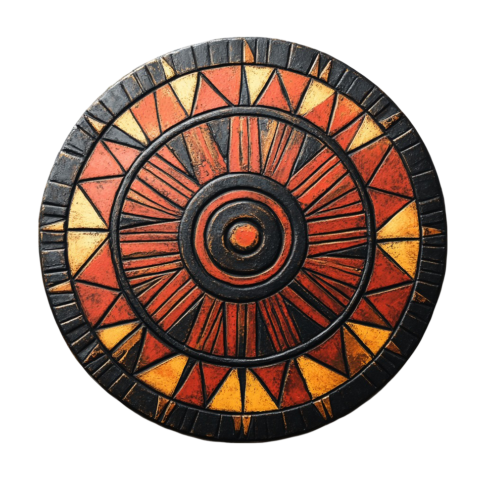 a circular wooden shield with a red and black design png