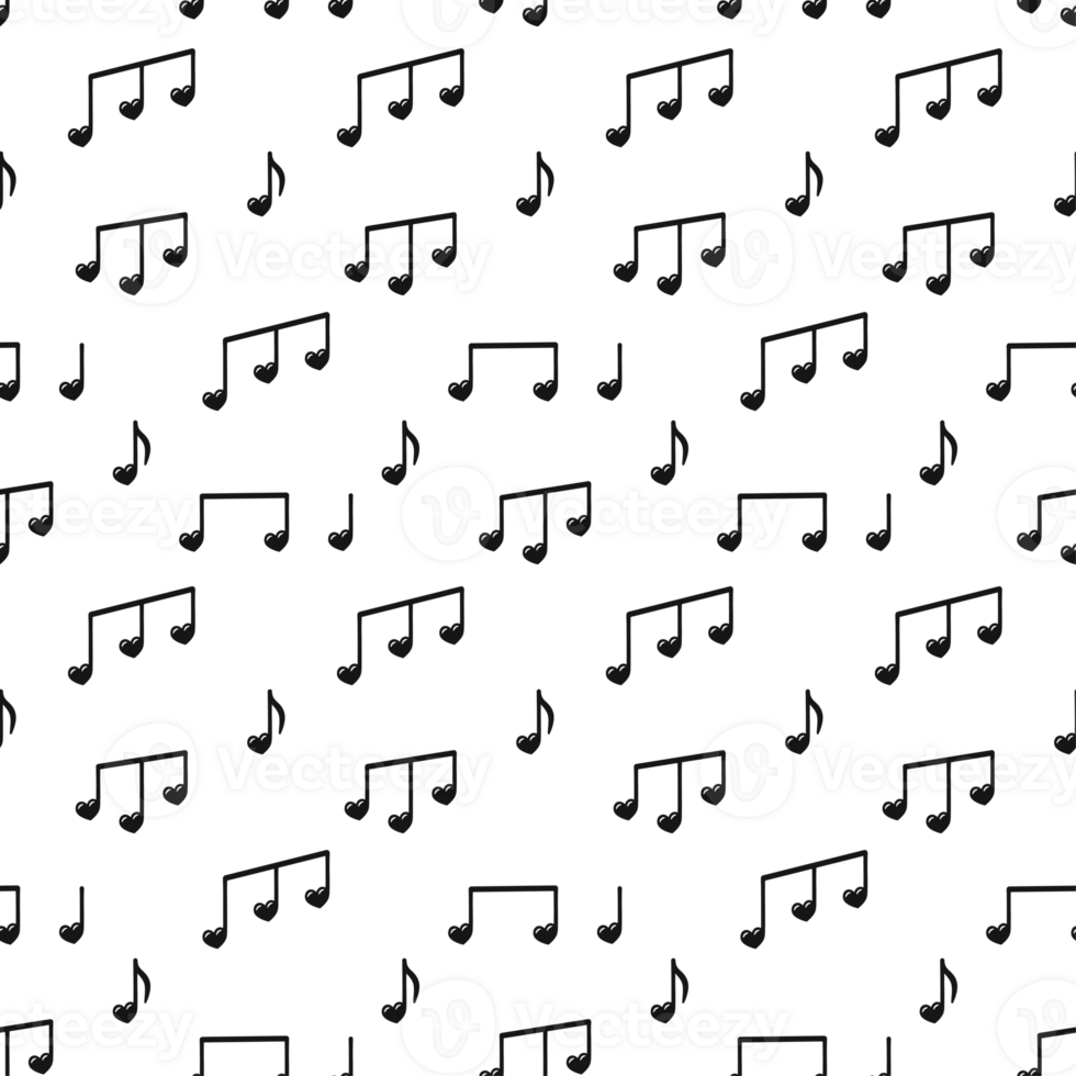 Seamless pattern with black music notes. Heart shape music notes print for paper or fabric. Monochrome seamless music pattern on transparent background png