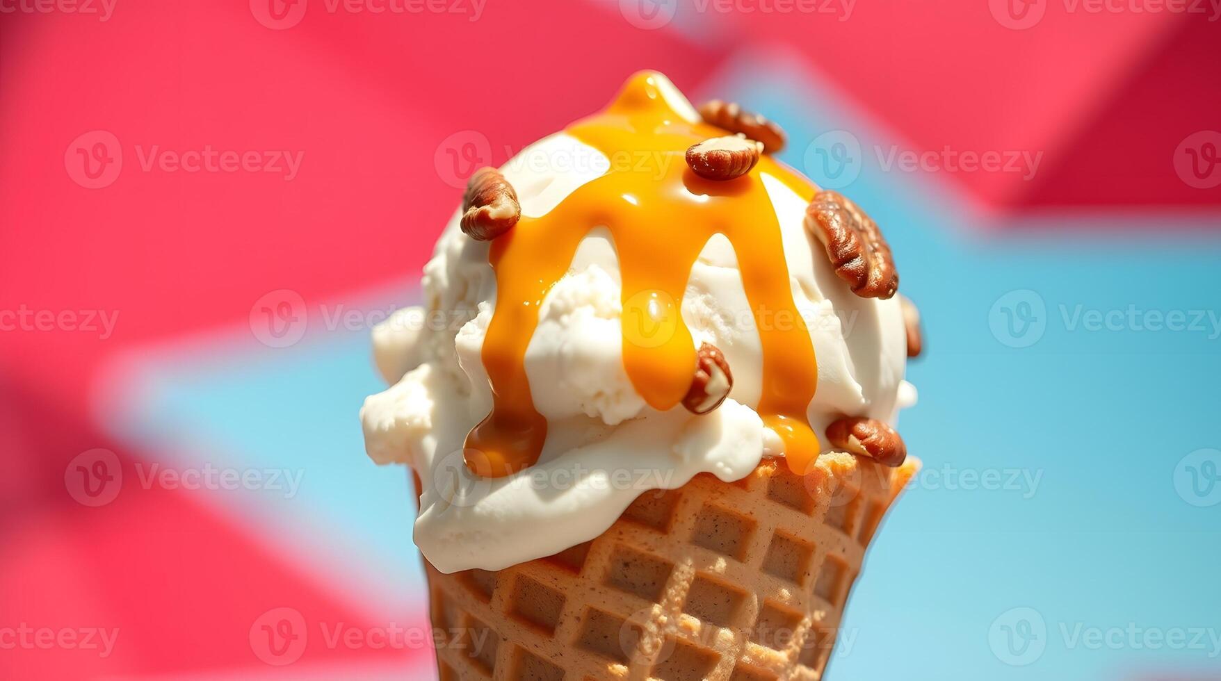 A tight close-up showcases a melting vanilla ice cream scoop, caramel, and nuts photo