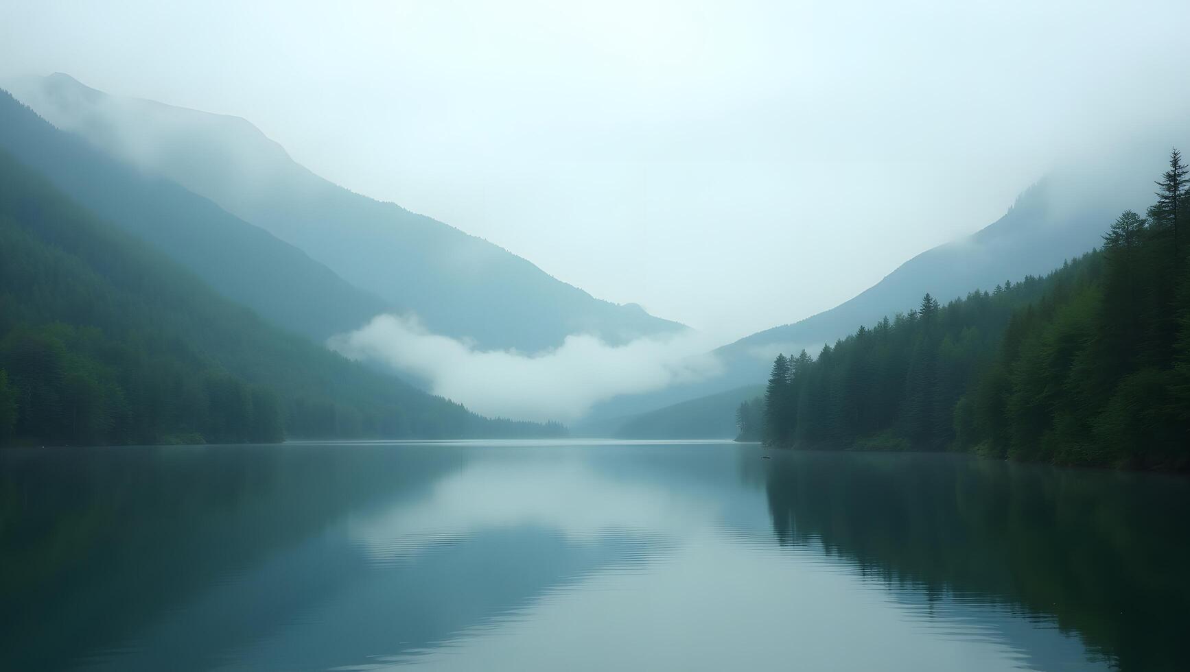 Misty Mountain Lake with Calm Reflections and Dense Forest Scenery photo