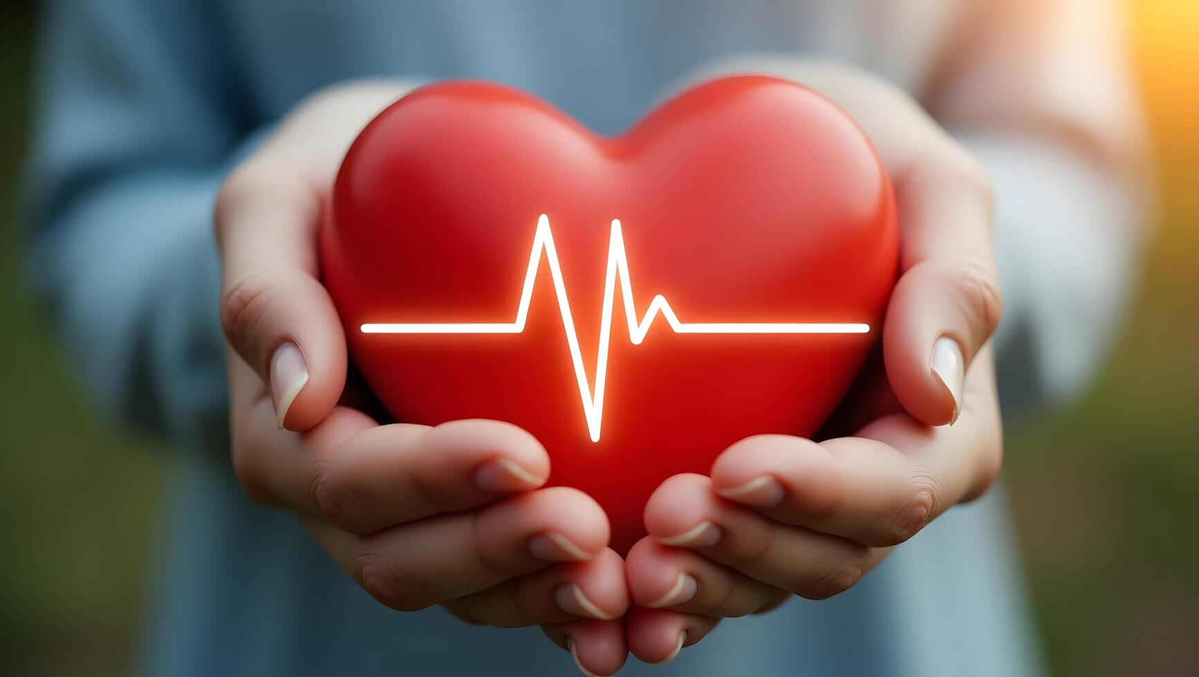 Hands Holding a Red Heart with ECG Line - Symbol of Health and Care photo