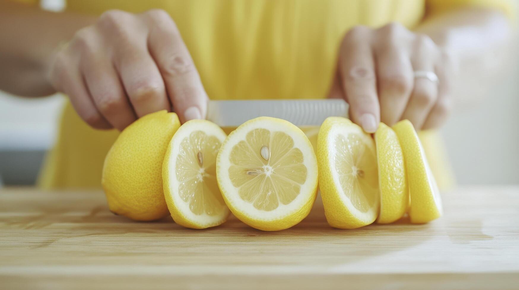Slicing Fresh Yellow Lemons on Wooden Board photo