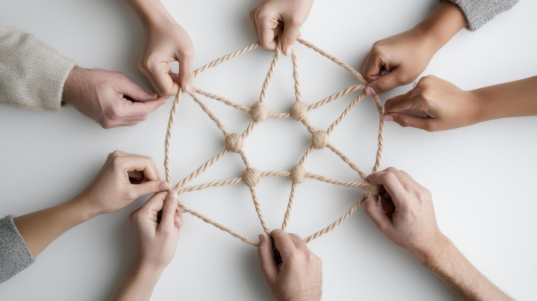 Eight Hands Intertwined Around Beige Rope Knot on White photo