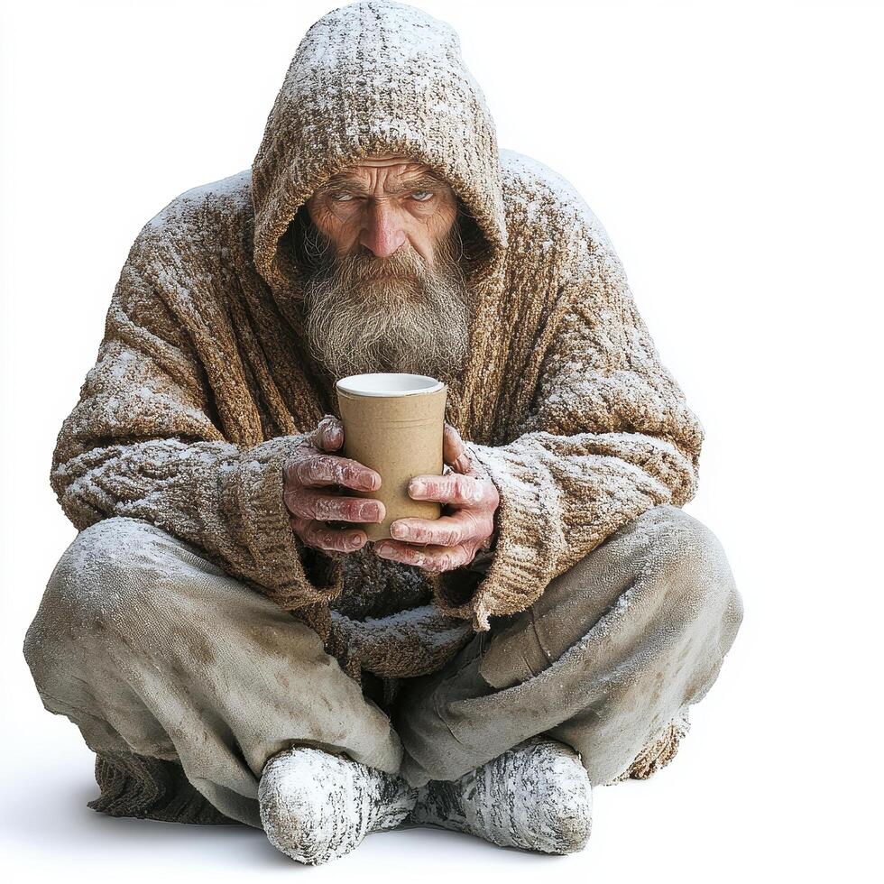 Elderly Man in Snowy Winter, Holding a Cup photo