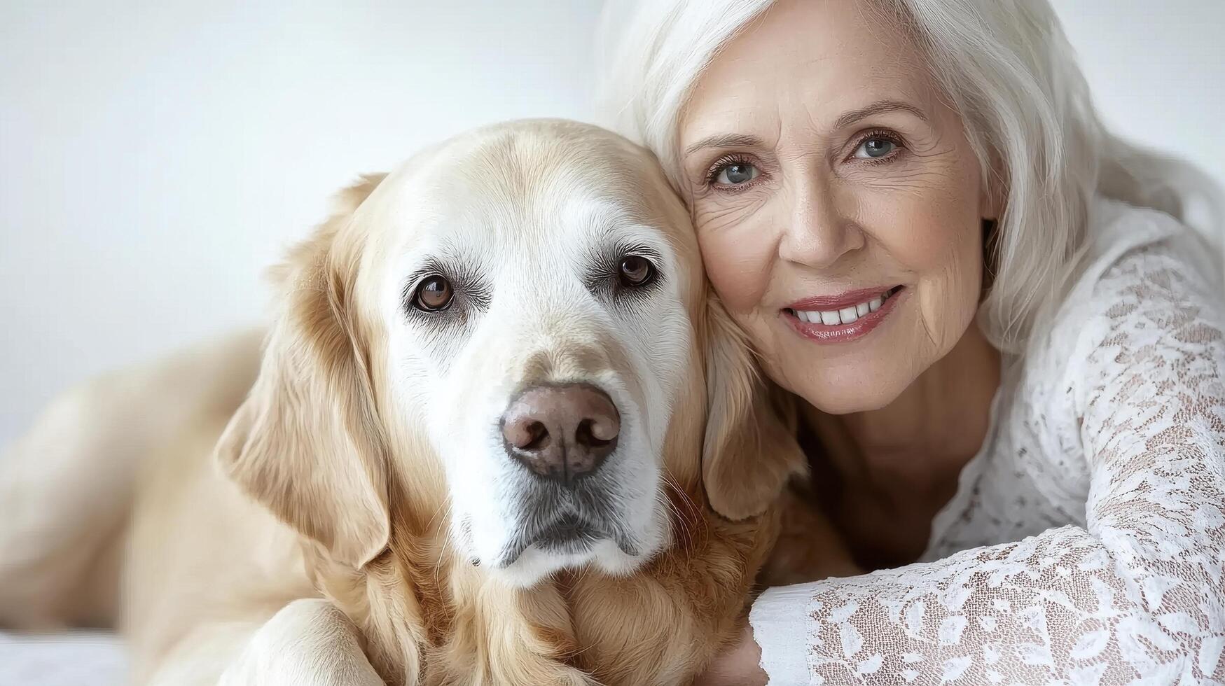Smiling Senior Woman and Her Labrador Retriever photo