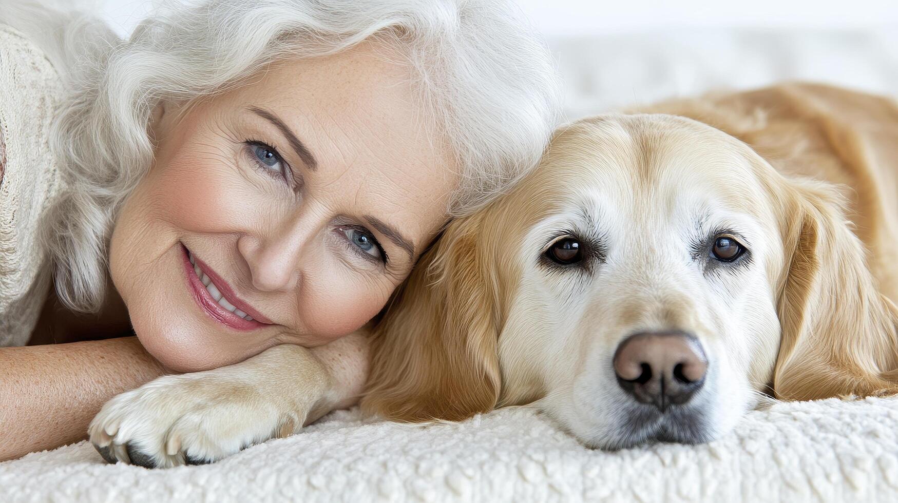 Smiling Senior Woman and Golden Retriever Resting Together photo