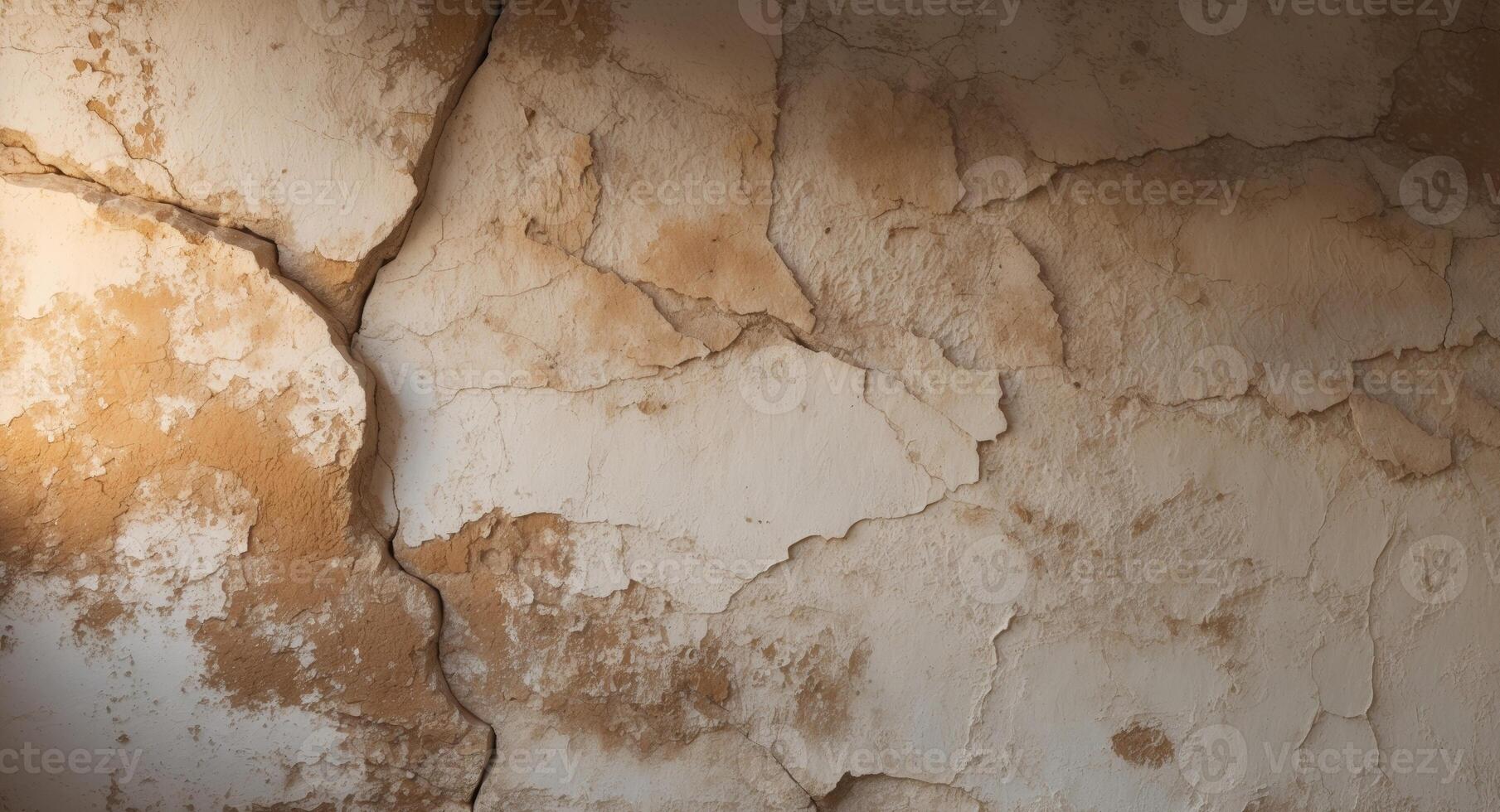 A cracked wall with peeling paint and a light photo