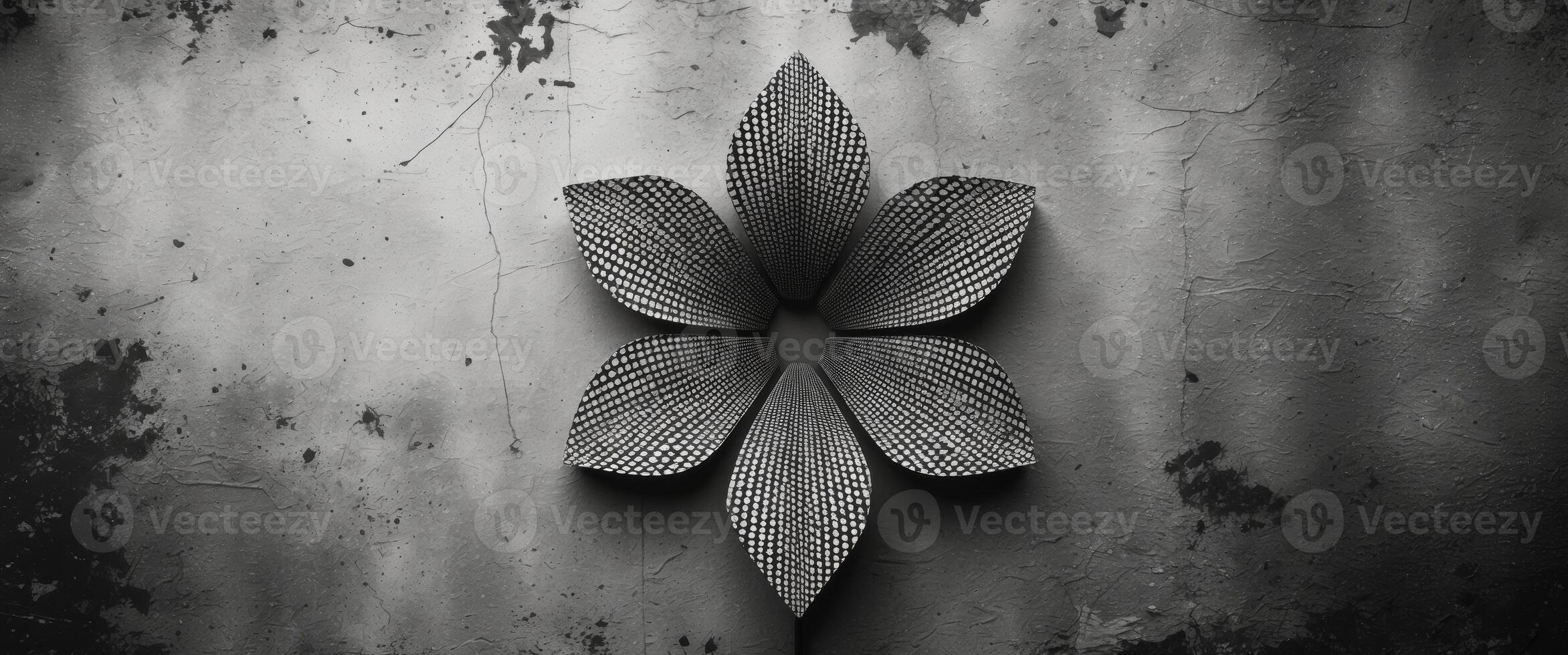 A black and white photo of a flower on a wall