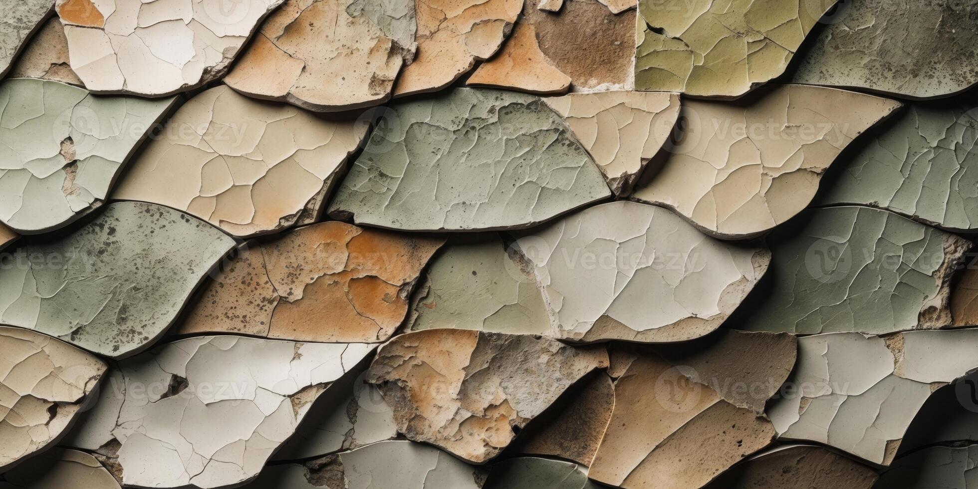 Cracked and aged ceramic tiles with rustic weathered textures in earthy tones. photo