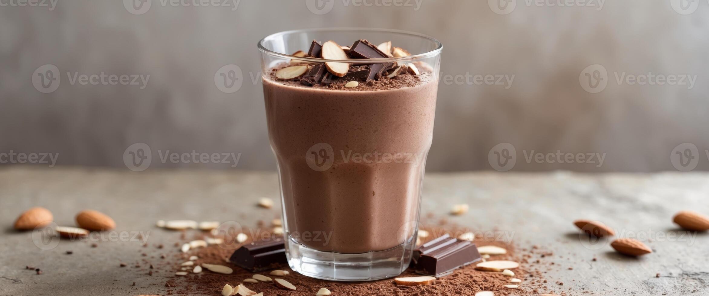 glass of chocolate smoothie with almond and chocolate pieces on textured surface garnished with cocoa powder and nuts creating a healthy beverage concept photo