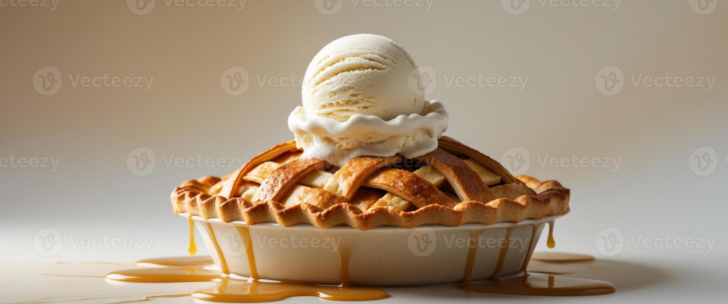 A warm apple pie with a lattice crust and a scoop of vanilla ice cream melting on top. photo