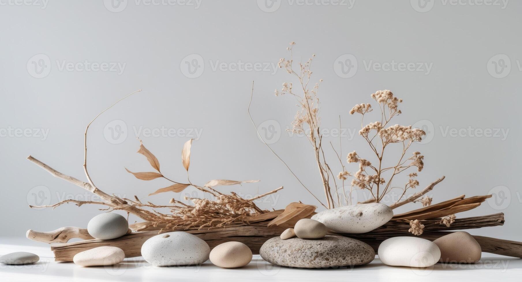 A vase with rocks and dried plants photo