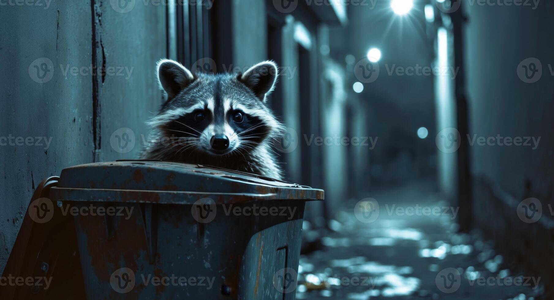 A raccoon is sitting in a trash can photo