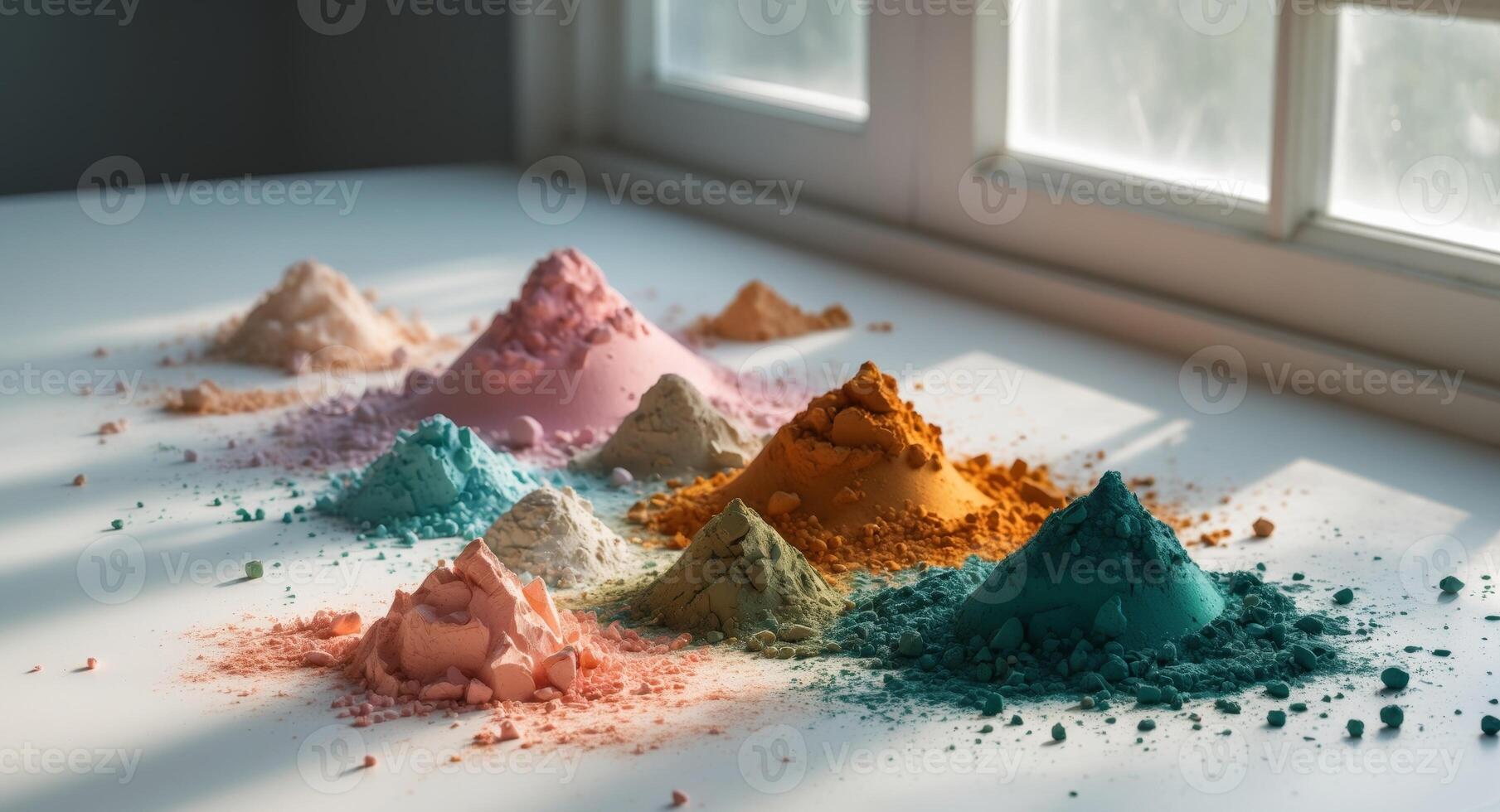 Colorful powder on a table in front of a window photo