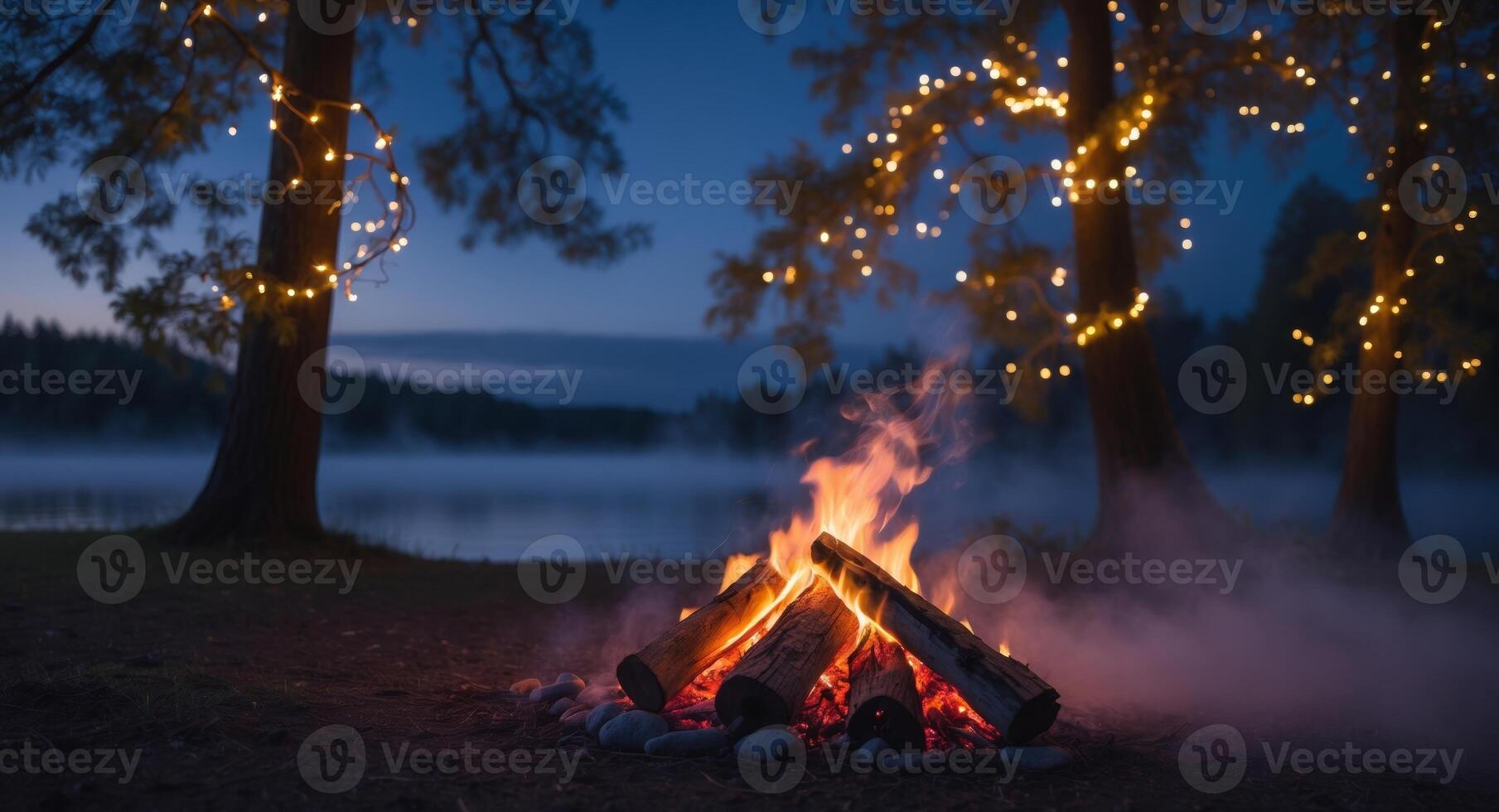 Serene lakeside campfire at twilight with warm fire glow and string lights illuminating the trees photo