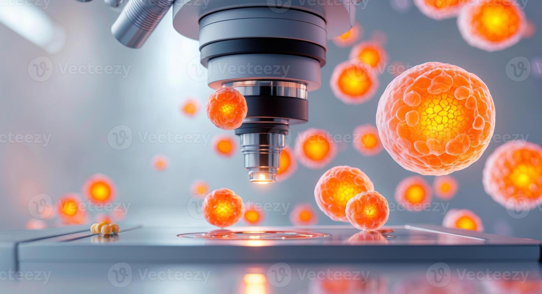Glowing Orange Cells Under Microscope in Modern Laboratory Setting. photo