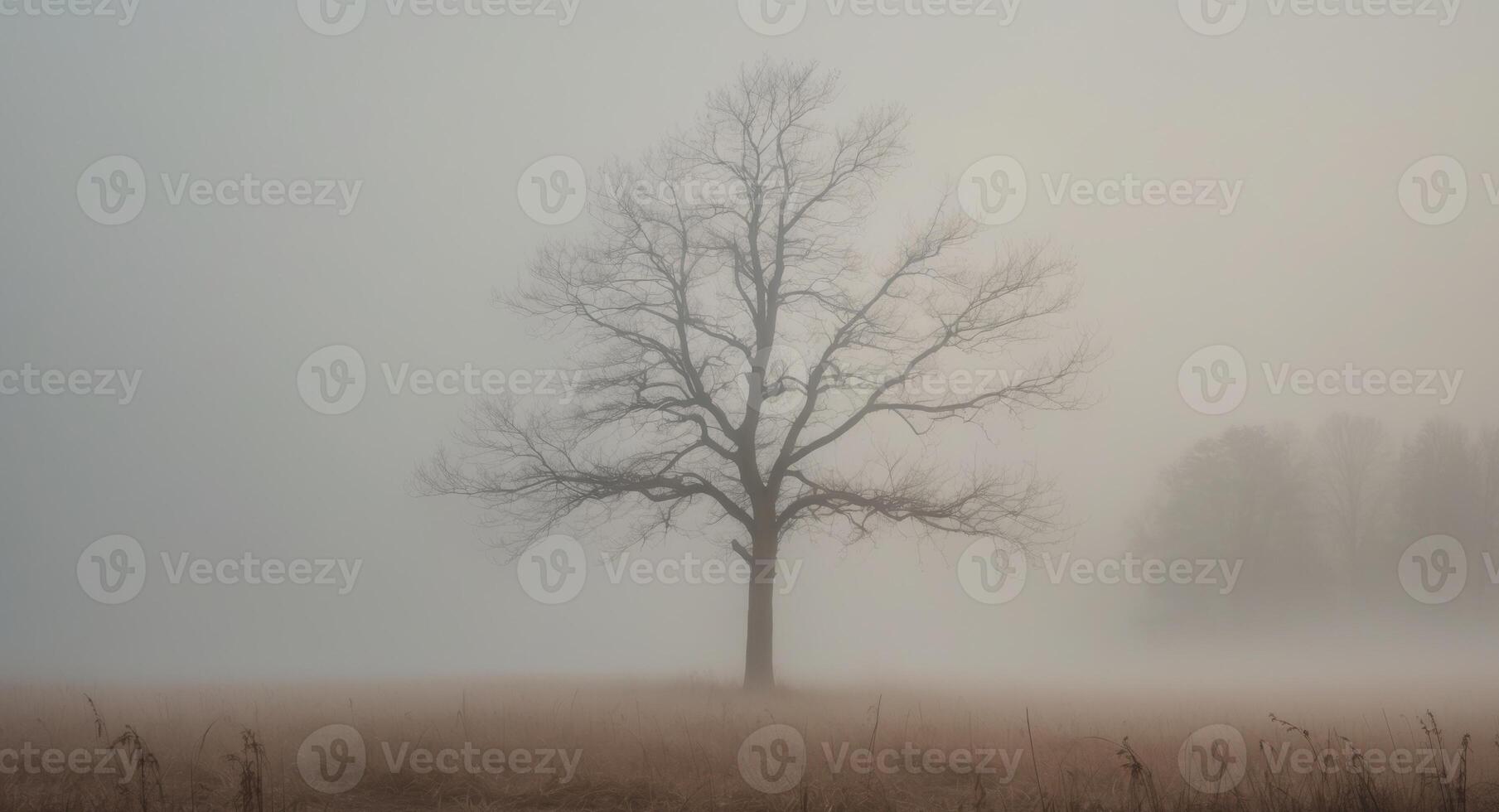 Fog covering a field with a bare tree during an autumn morning photo