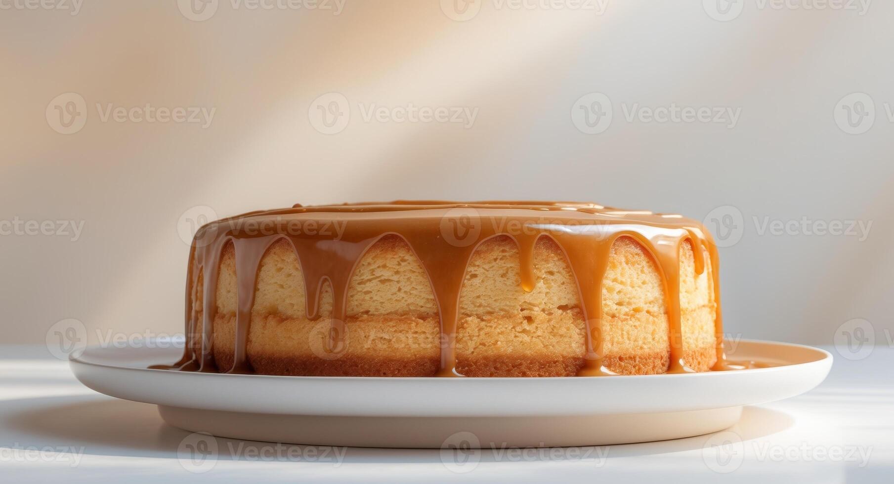 Golden Almond Cake with Caramel Glaze on White Plate photo