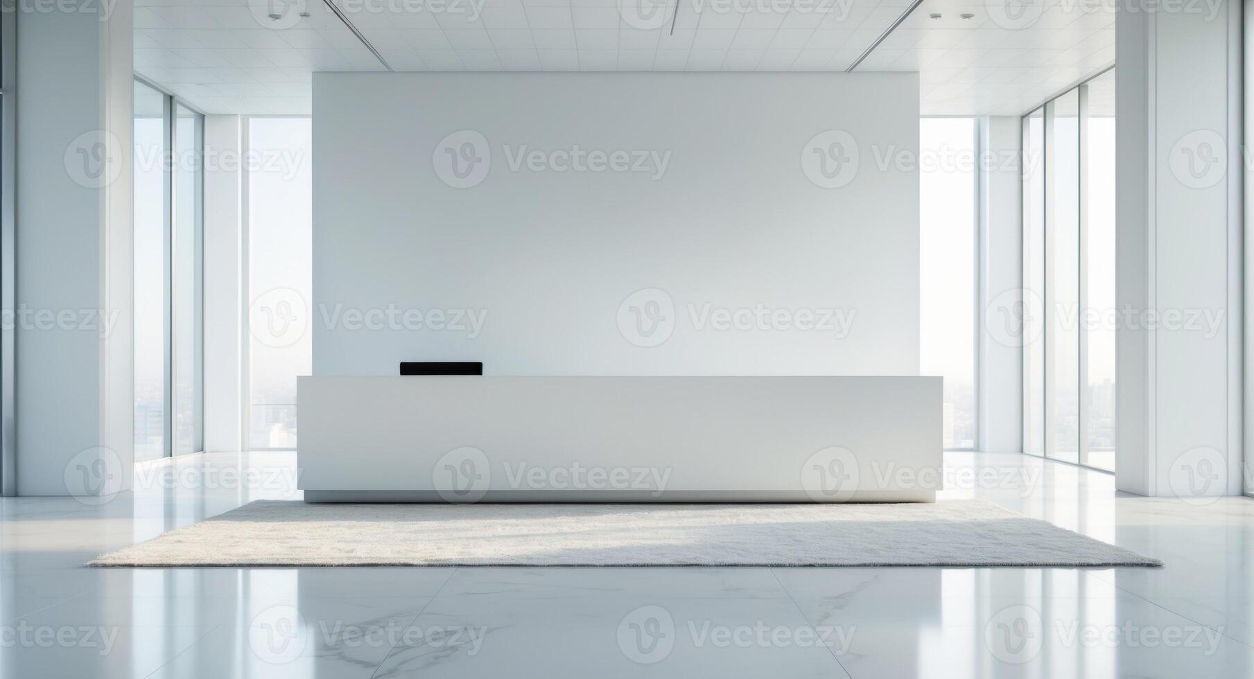Bright office lobby with white reception desk photo