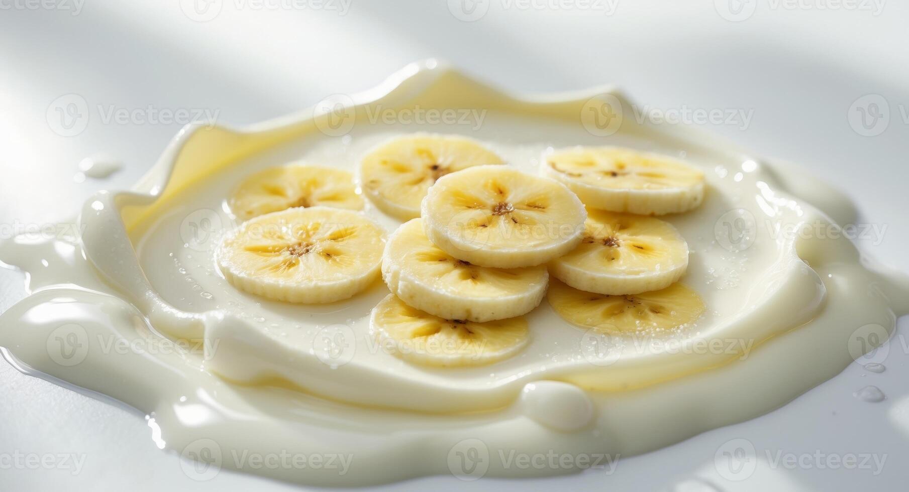 Bananas sliced in milk on a white surface photo