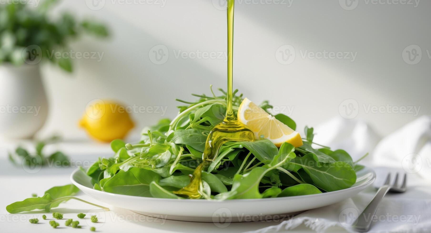 A salad with lemon and greens is being poured over it photo