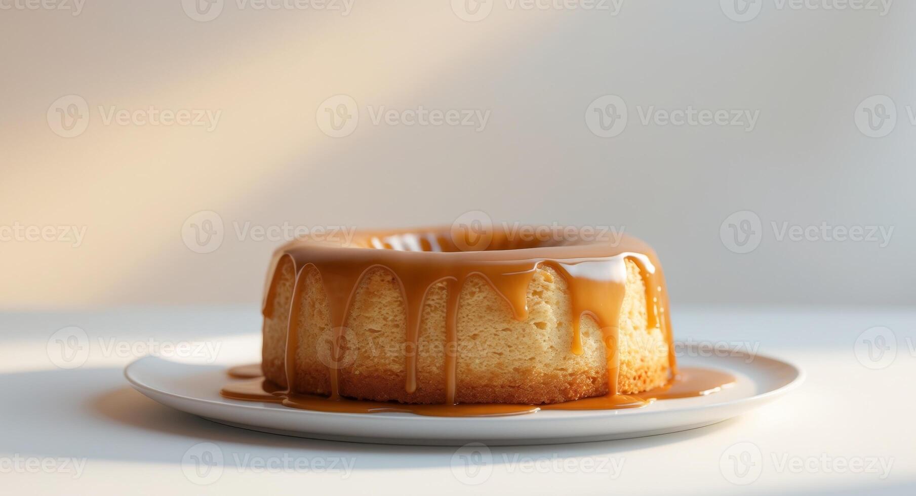 Golden Almond Cake with Caramel Glaze on White Plate. photo