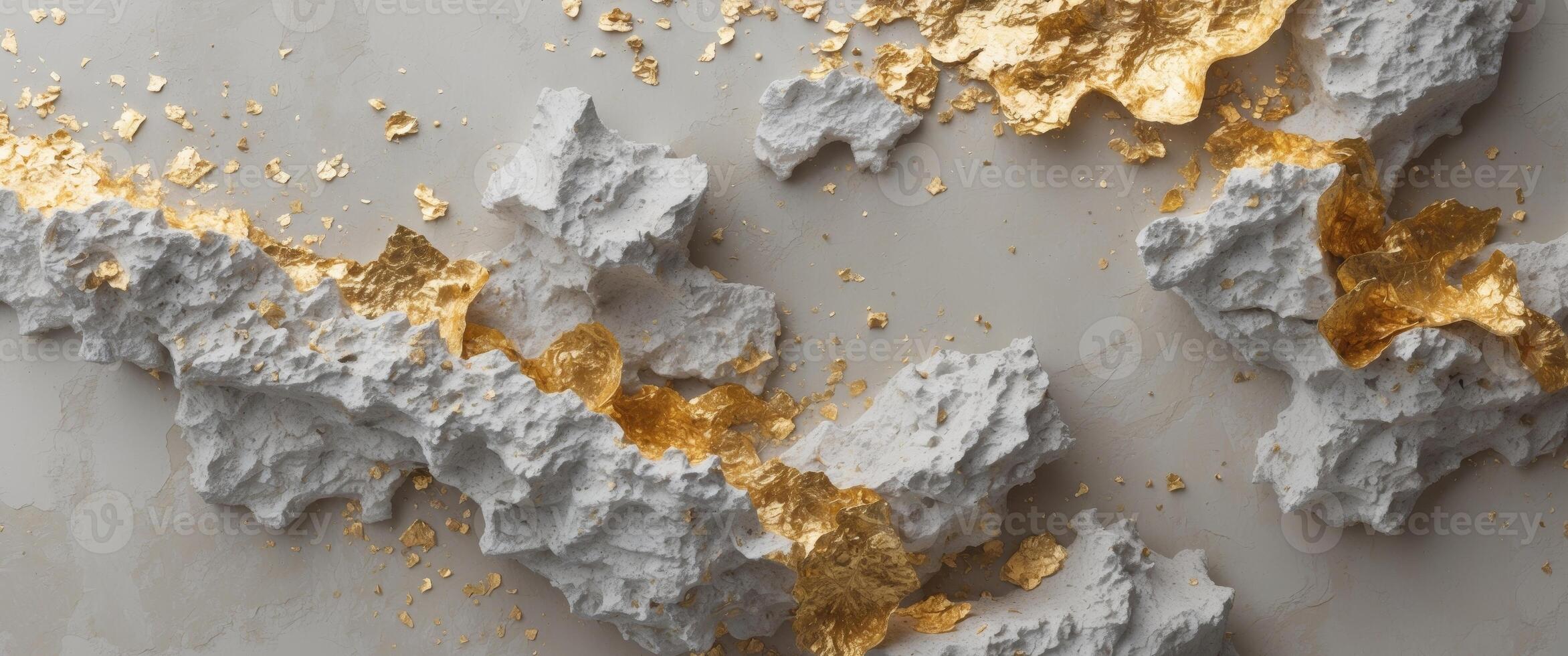 Abstract artwork showcases textured surface with gold leaf accents. photo