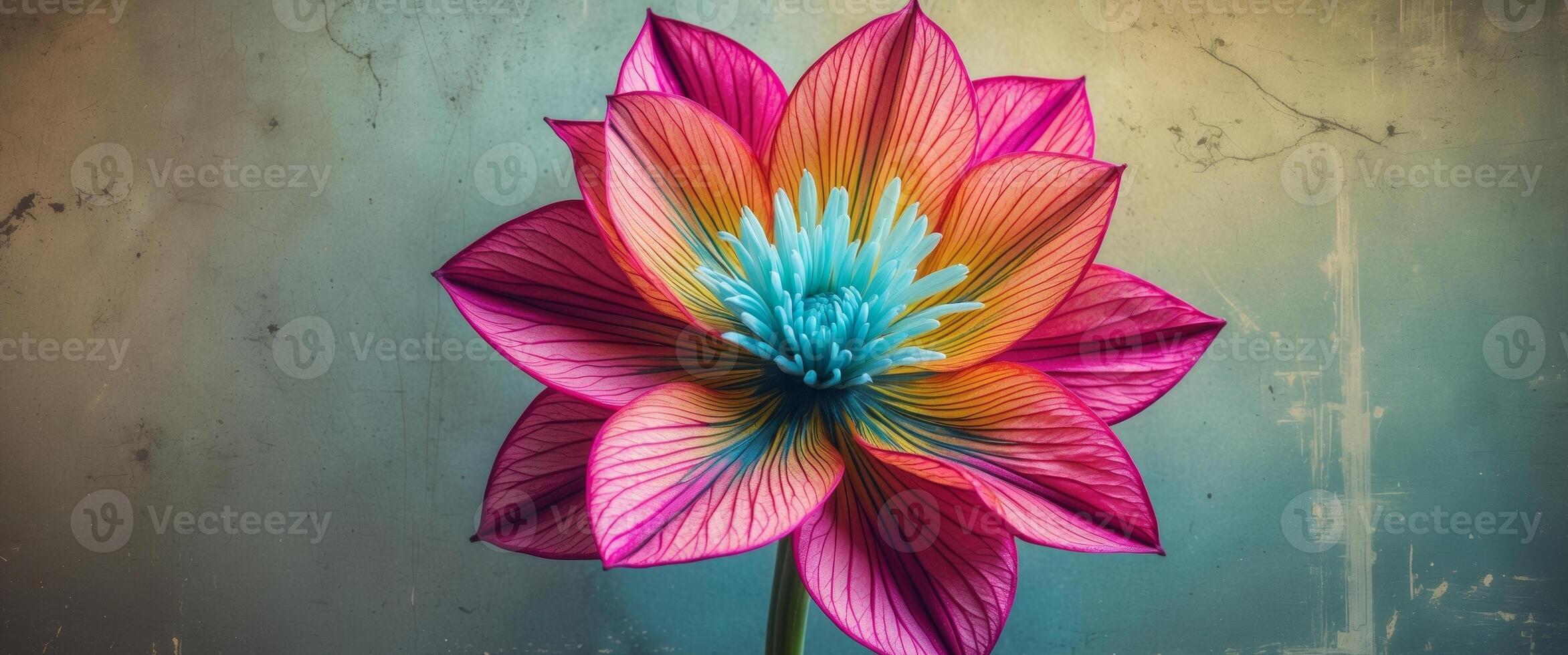 Flower with geometric petal design showcased in a vivid halftone texture over a grunge backdrop photo