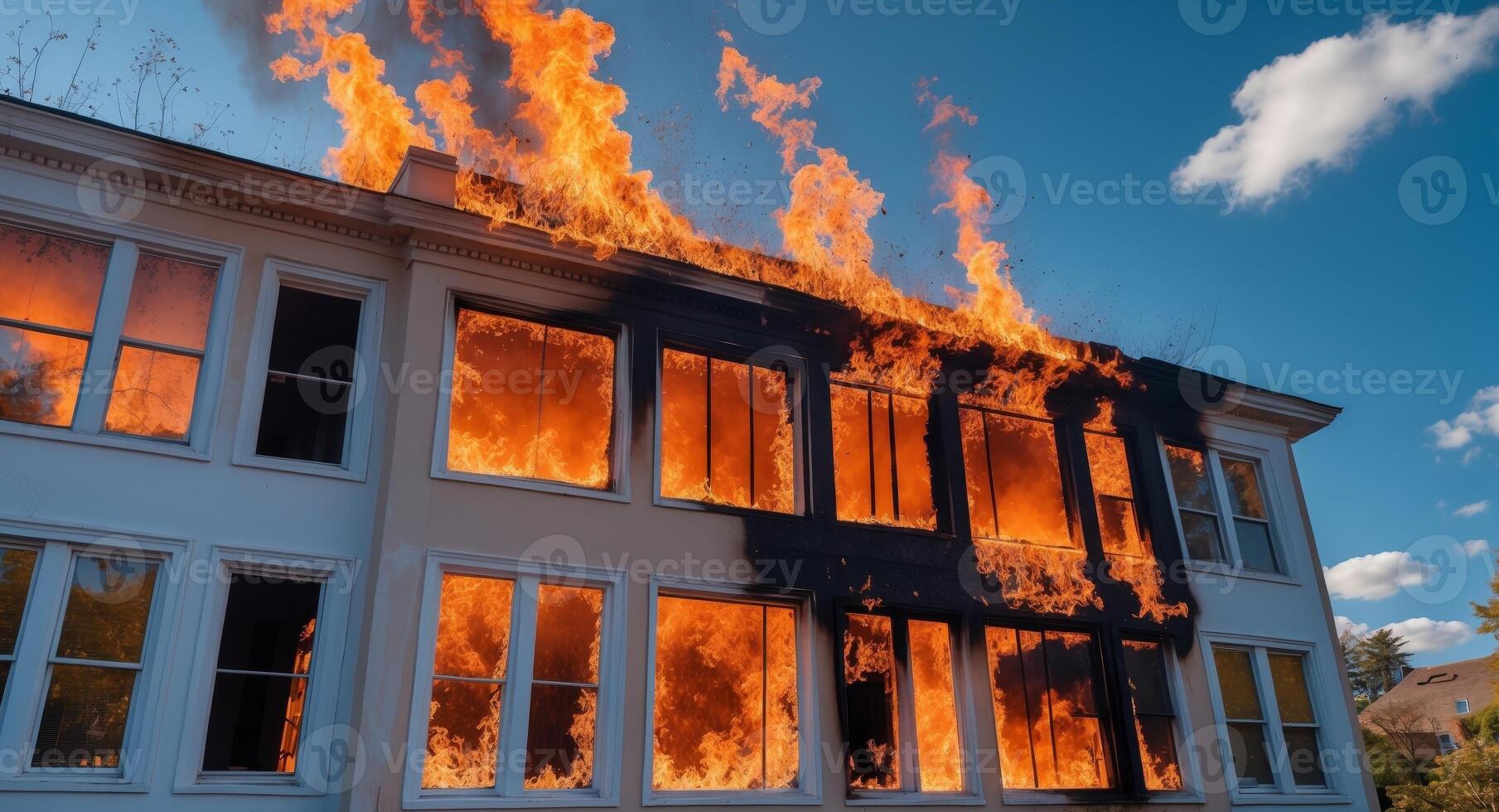 Flames engulf a room through the windows during a fire at a residential location in broad daylight photo