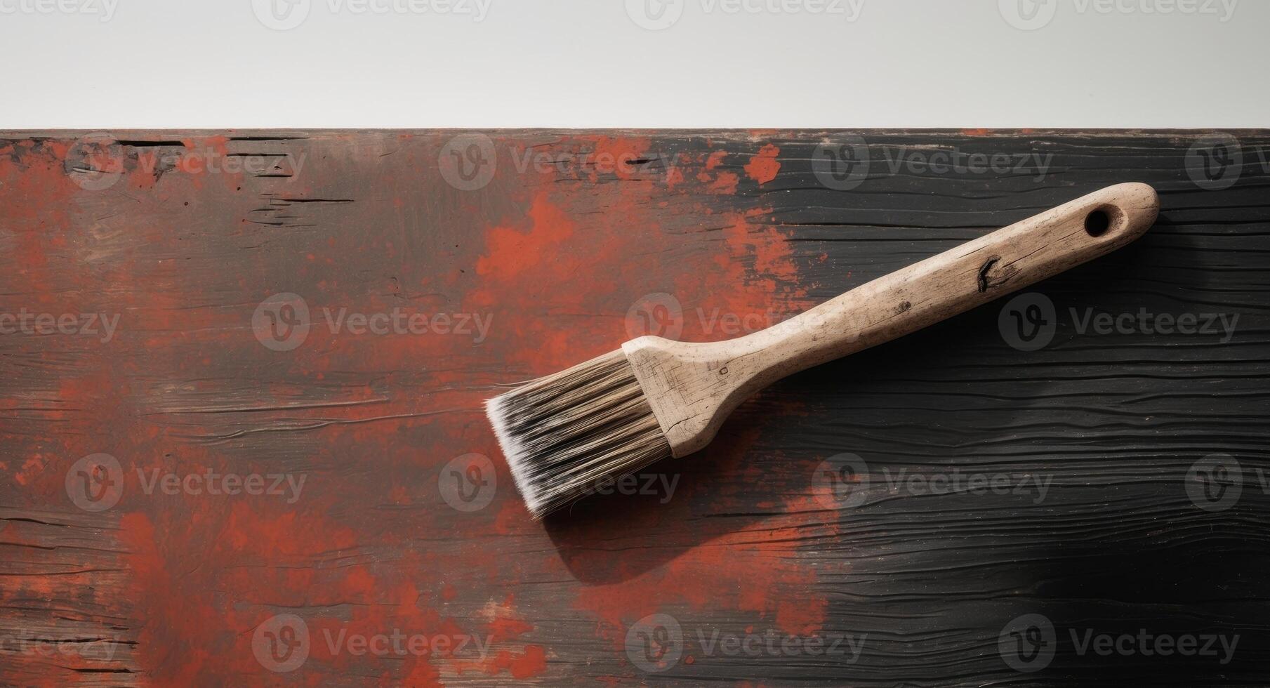 Artisan brush resting on a weathered red and black wooden surface showing strokes and texture photo