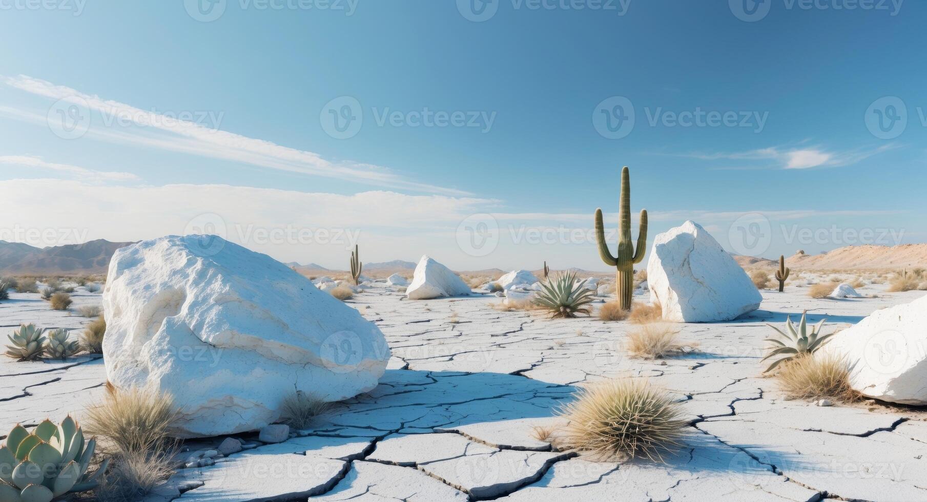 Arid Desert Landscape with White Rocks and Sparse Vegetation. photo