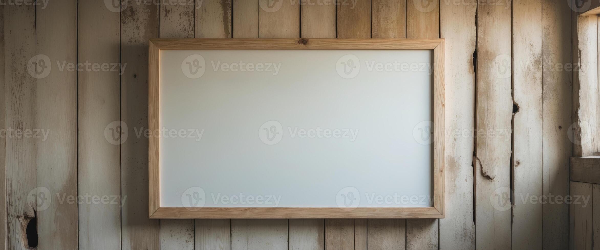Wooden Framed Whiteboard on Rustic Wooden Wall for Creative Design and Inspiration. photo