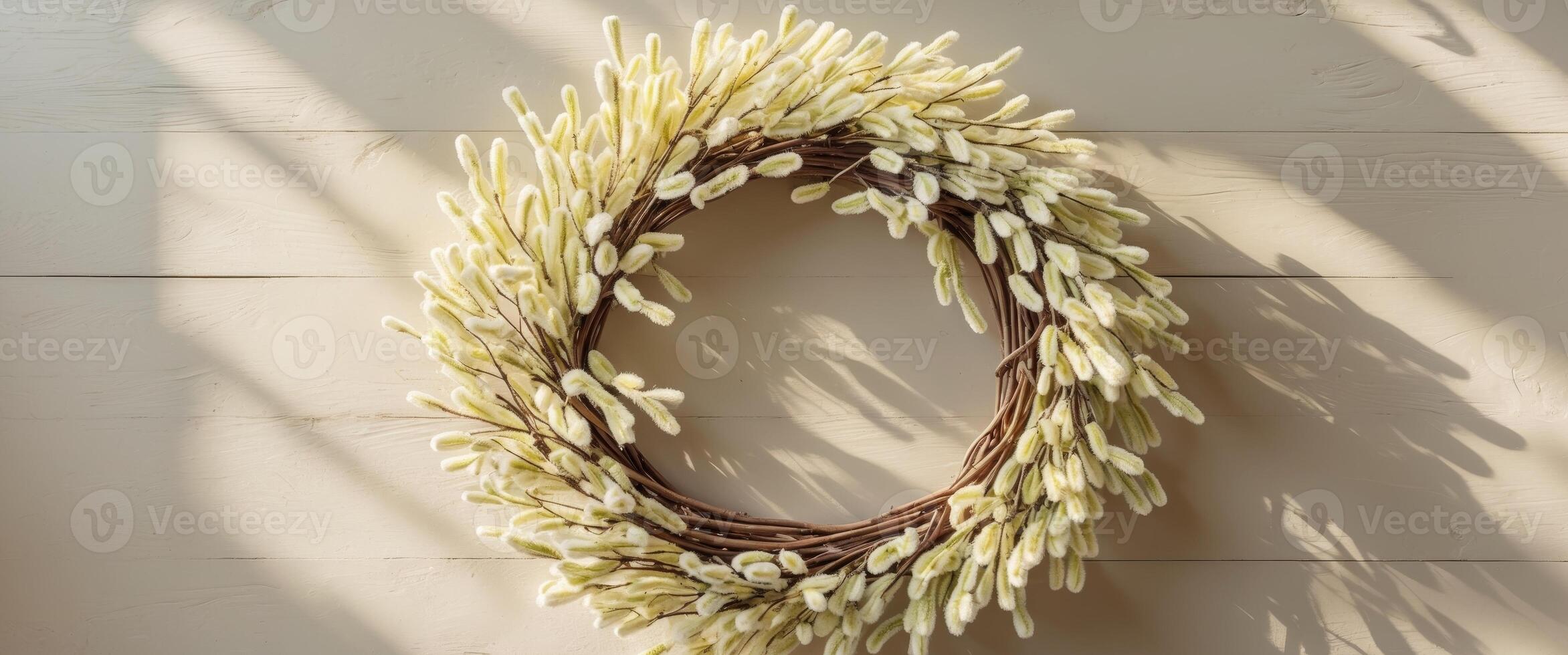 Bright and colorful willow wreath adorned with soft catkins on textured light wooden surface photo