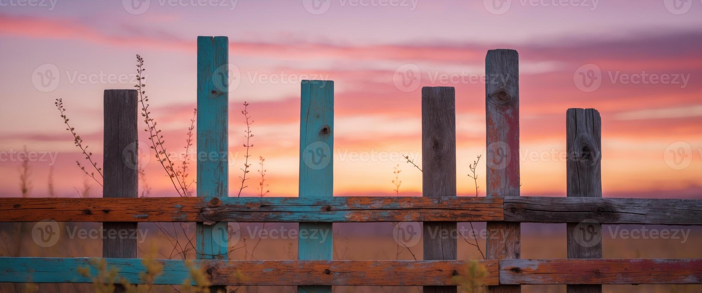 A wooden fence with colorful wooden posts at sunset photo
