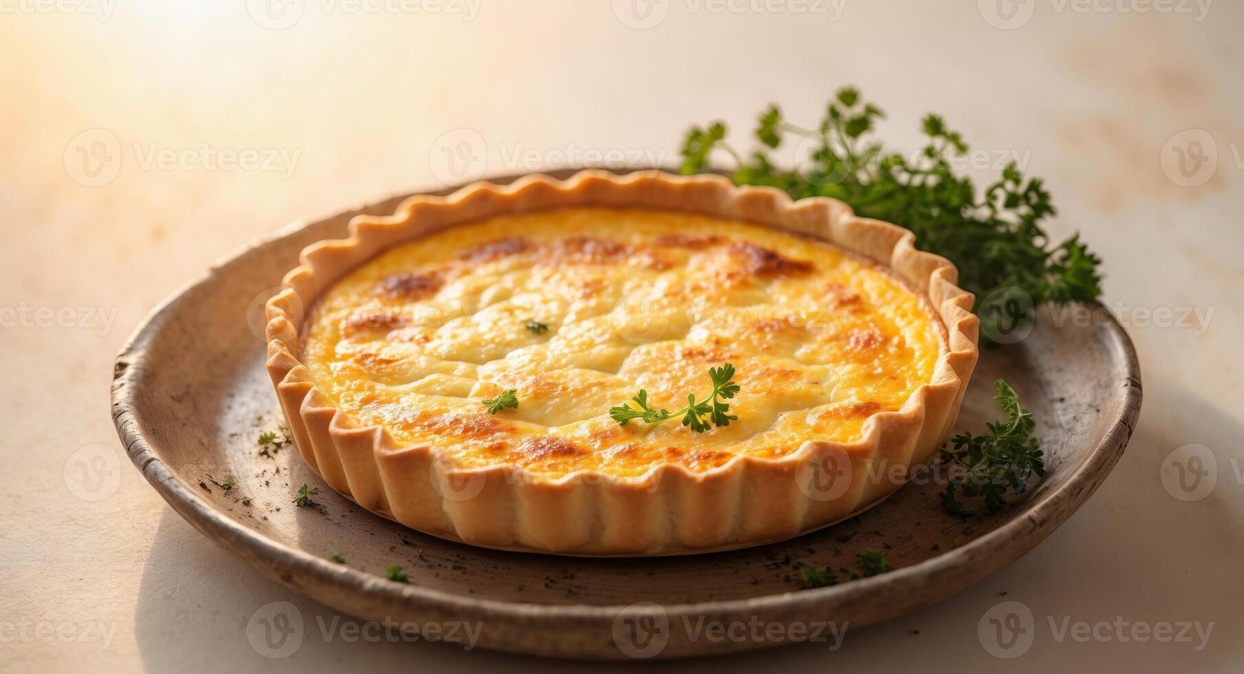 A quiche on a plate with parsley photo