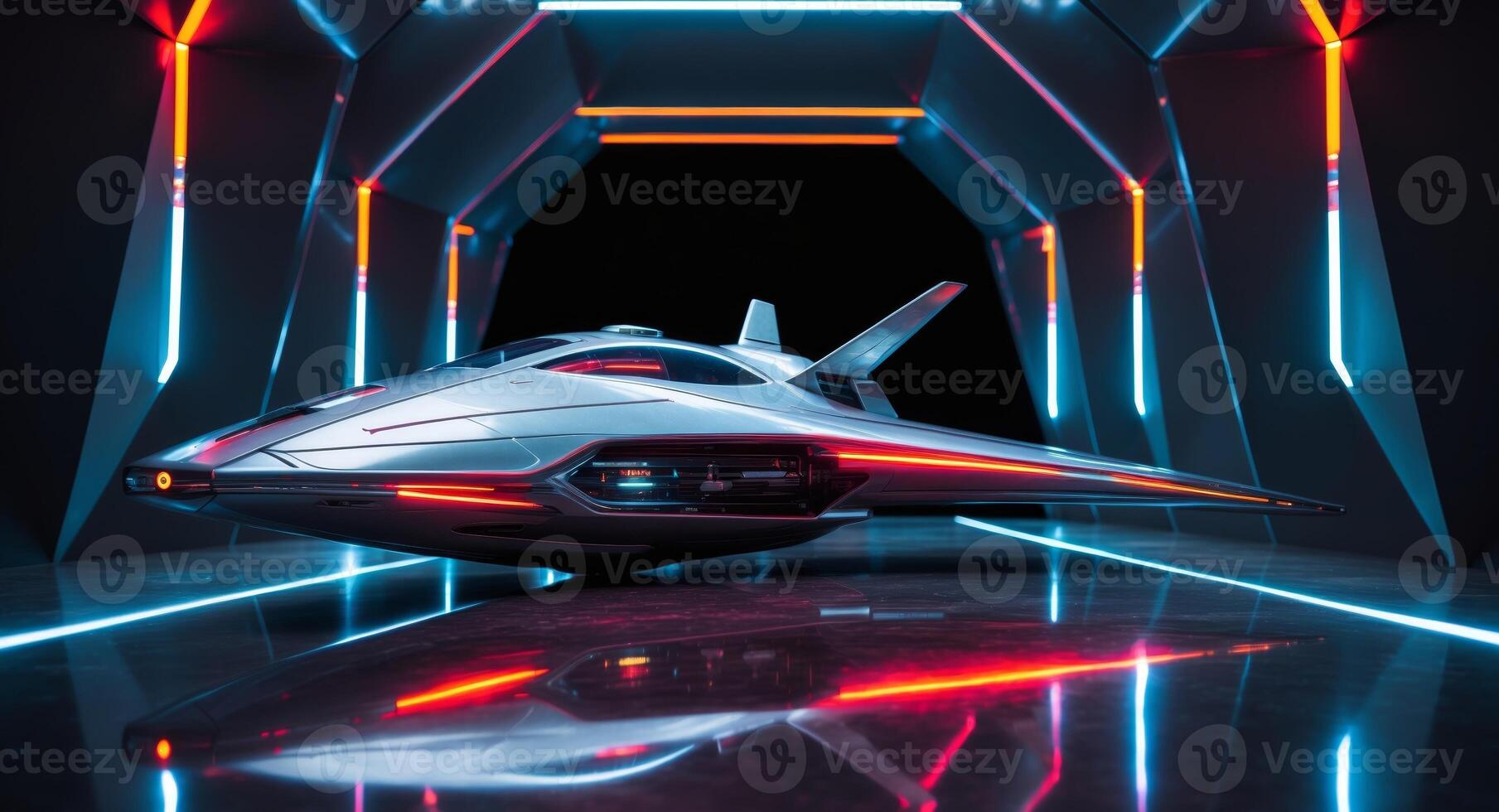Futuristic Spaceship in a Dark Room with Colorful Lights and Reflective Floor. photo