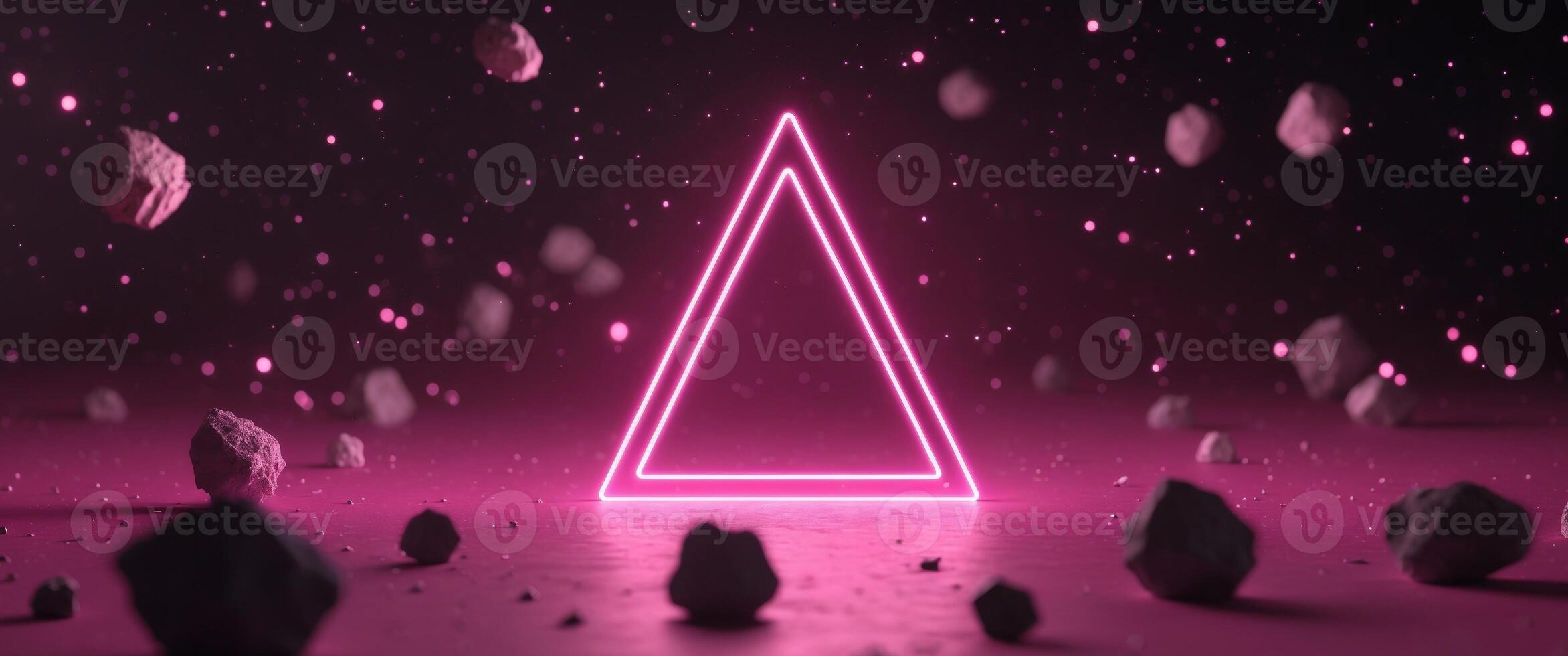 Neon triangle portal in pink space with asteroids photo