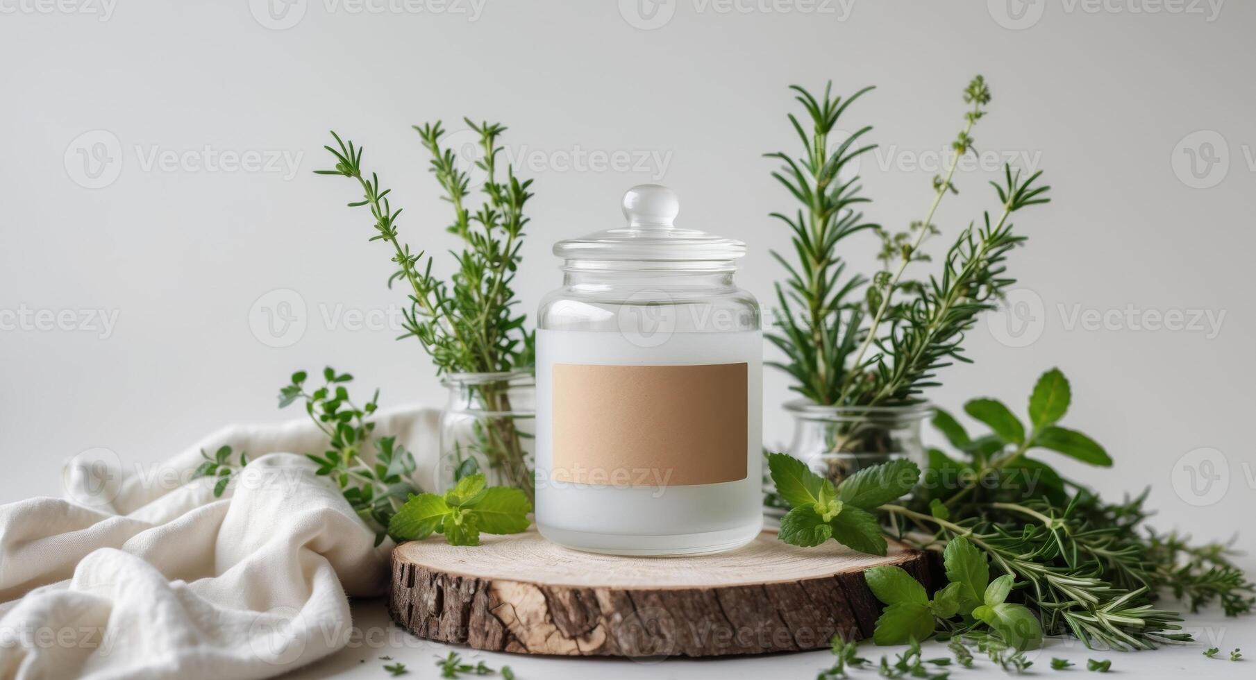 White Glass Jar with Kraft Paper Label on Wooden Slice Surrounded by Fresh Herbs and Cloth. photo